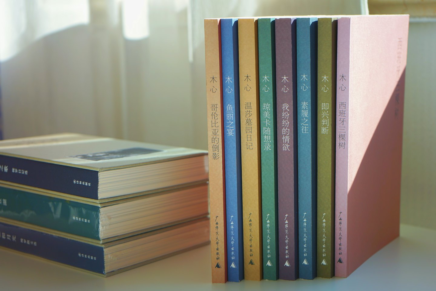 Zeven staande boeken naast een kleine stapel boeken.