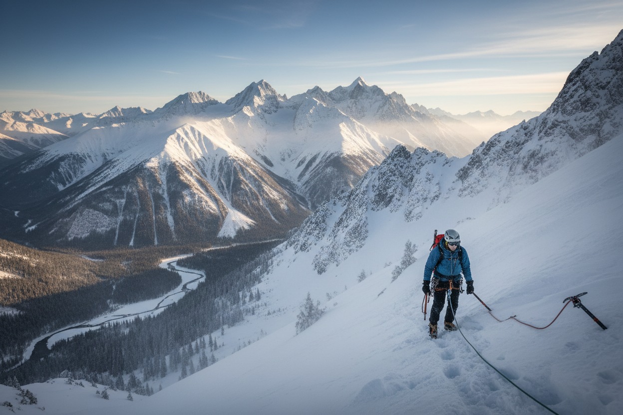 Een bergbeklimmer loopt over een met sneeuw bedekte berghelling met op de achtergrond een uitgestrekt berglandschap.
